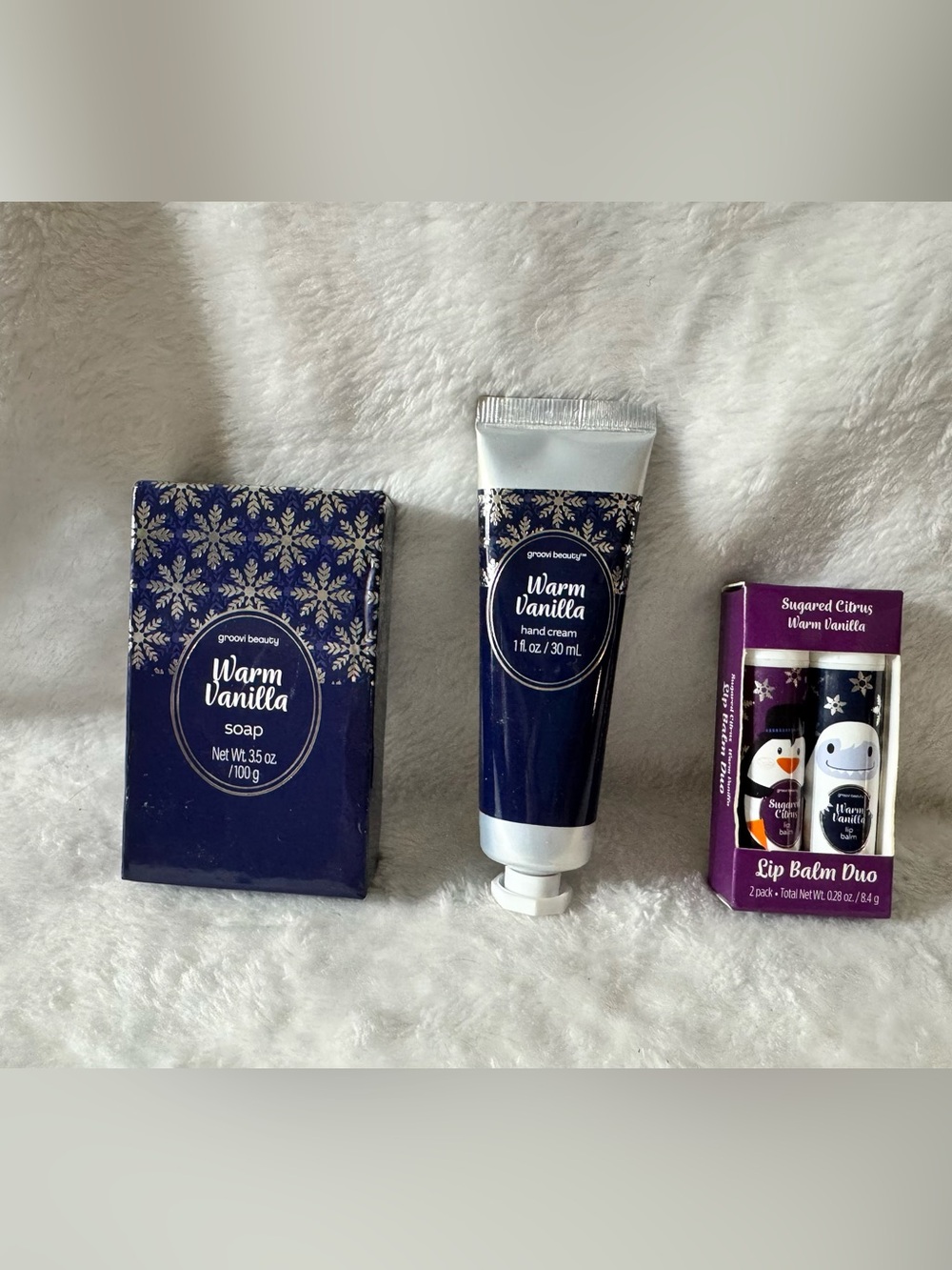 Groovi Beauty Warm Vanilla Hand Cream/soap and Lip Balm Trio - Navy